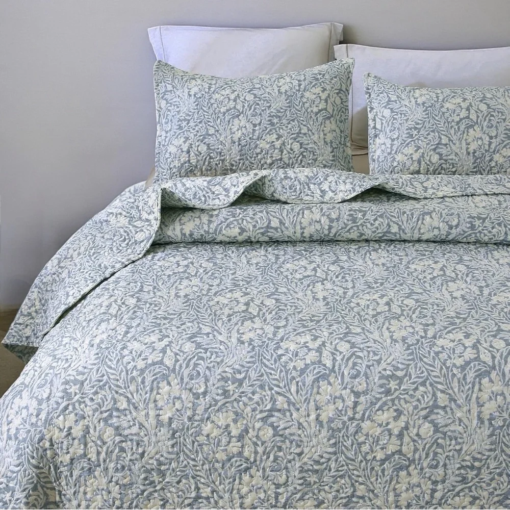 NEW West Elm Blue Botanical Boho Print Queen / King Bedding Quilt & Sham Set